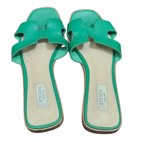 Steven New York Green Leather H Strap Slides Sandals Square Toe Women’s Size 8.5 - Picture 5 of 13